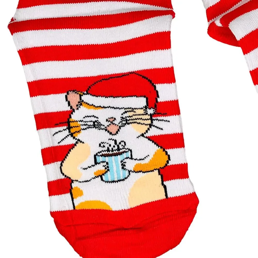 Red White Striped Christmas Cat Novelty Socks - NIP